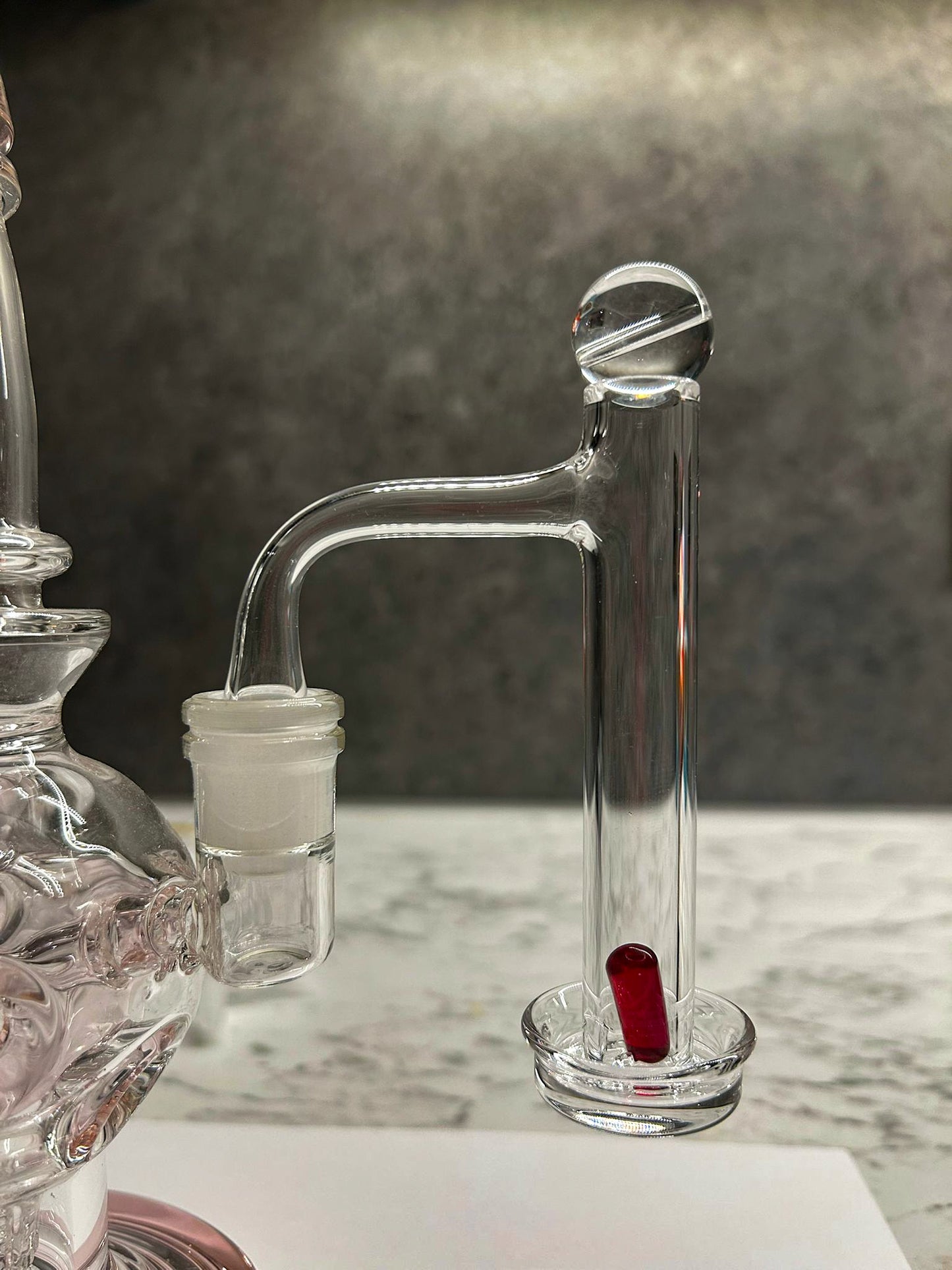 100mm Flared Dish Control Tower w Ruby Pill and Top Marble Banger Quartz