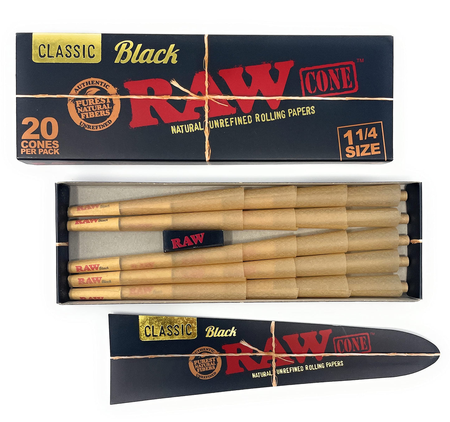 RAW Black Pre-Rolled Cone (1 1/4 Size) 20 Pack